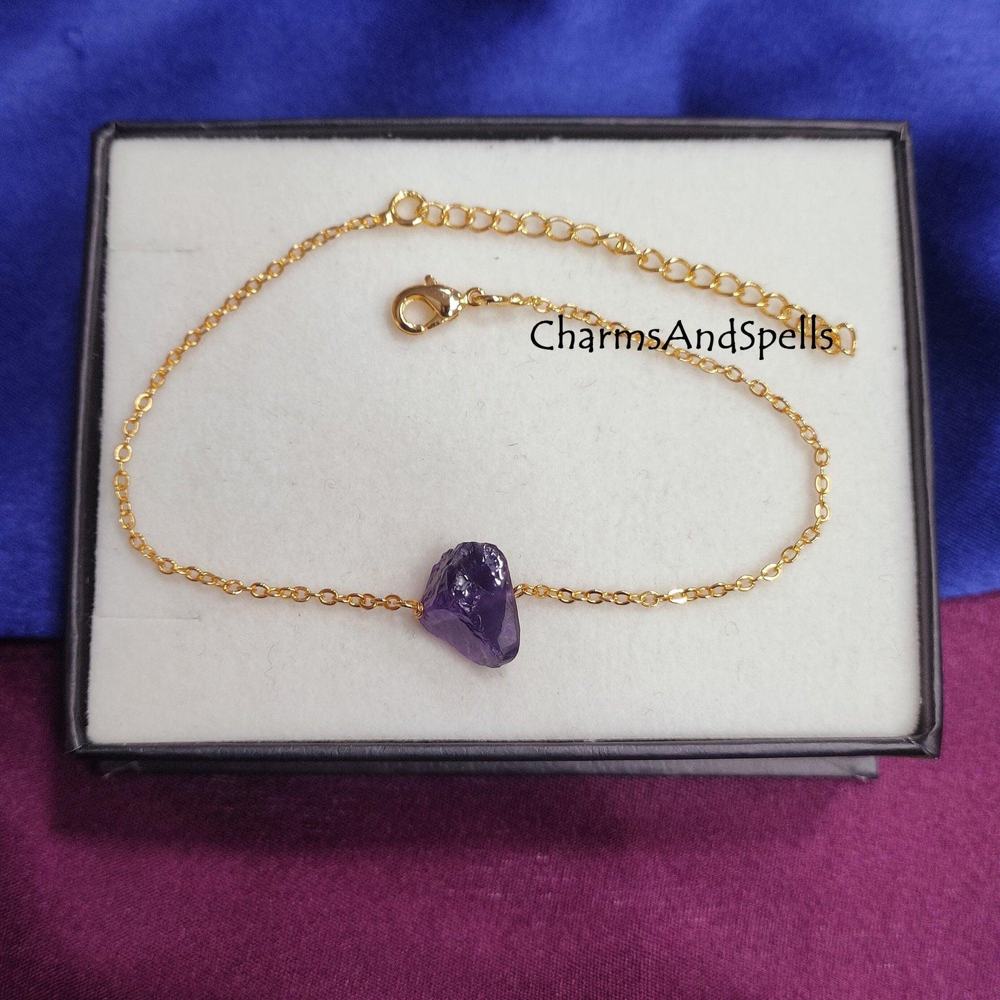 Natural Raw Amethyst Bracelet, Adjustable Bracelet, Healing Crystal Bracelet, Amethyst Anklet Jewelry, Gold Plated Bracelet, bridesmaid gift - Charms And Spells