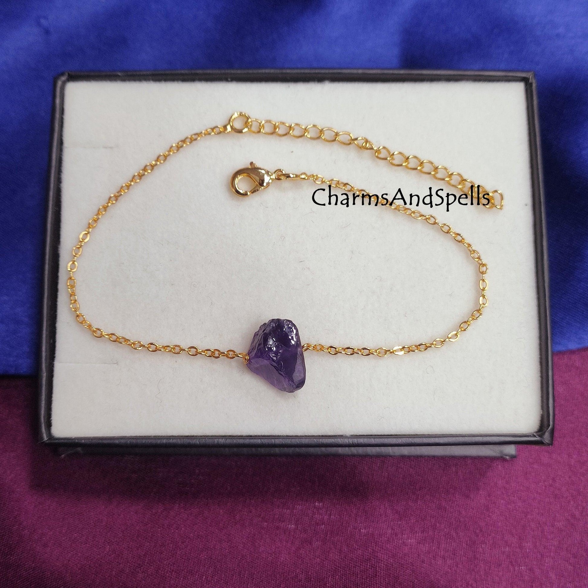 Natural Raw Amethyst Bracelet, Adjustable Bracelet, Healing Crystal Bracelet, Amethyst Anklet Jewelry, Gold Plated Bracelet, bridesmaid gift - Charms And Spells