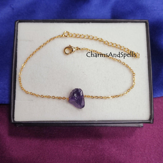 Natural Raw Amethyst Bracelet, Adjustable Bracelet, Healing Crystal Bracelet, Amethyst Anklet Jewelry, Gold Plated Bracelet, bridesmaid gift - Charms And Spells