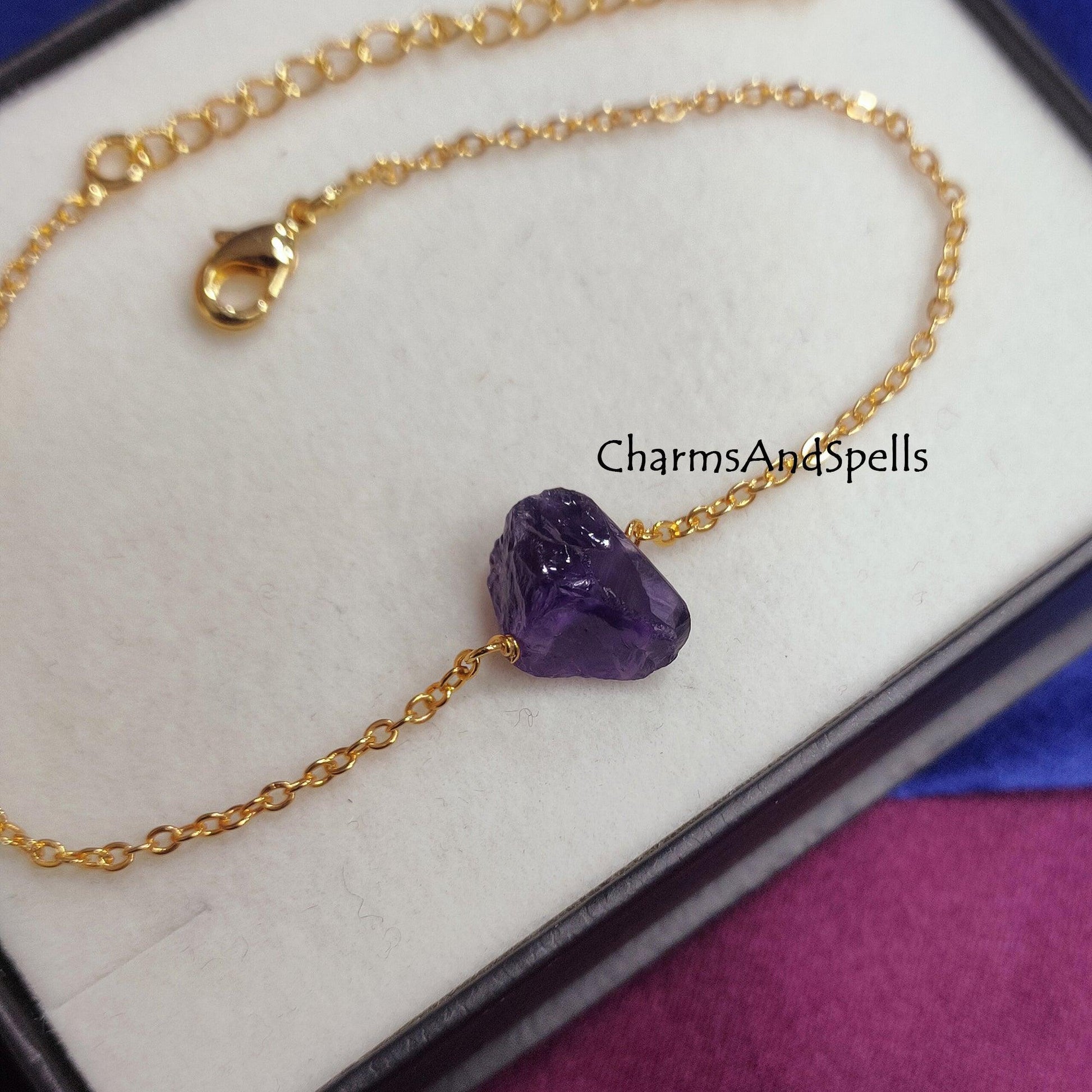Natural Raw Amethyst Bracelet, Adjustable Bracelet, Healing Crystal Bracelet, Amethyst Anklet Jewelry, Gold Plated Bracelet, bridesmaid gift - Charms And Spells
