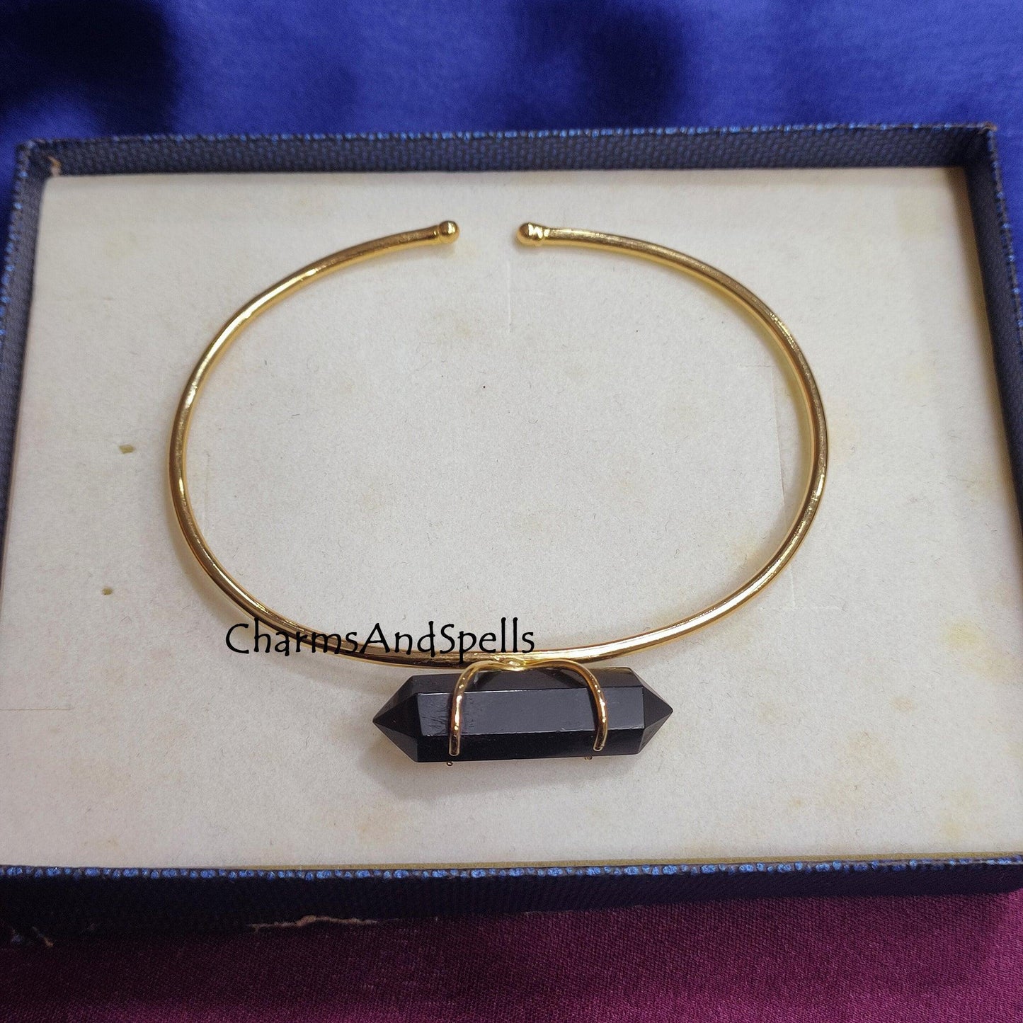 Genuine Black Onyx Bangle Bracelet, Gold Plated Bangle, Black Onyx Two Point Pencil Cuff Bangle, Pencil Bracelet, Valentine Day Gift For her - Charms And Spells