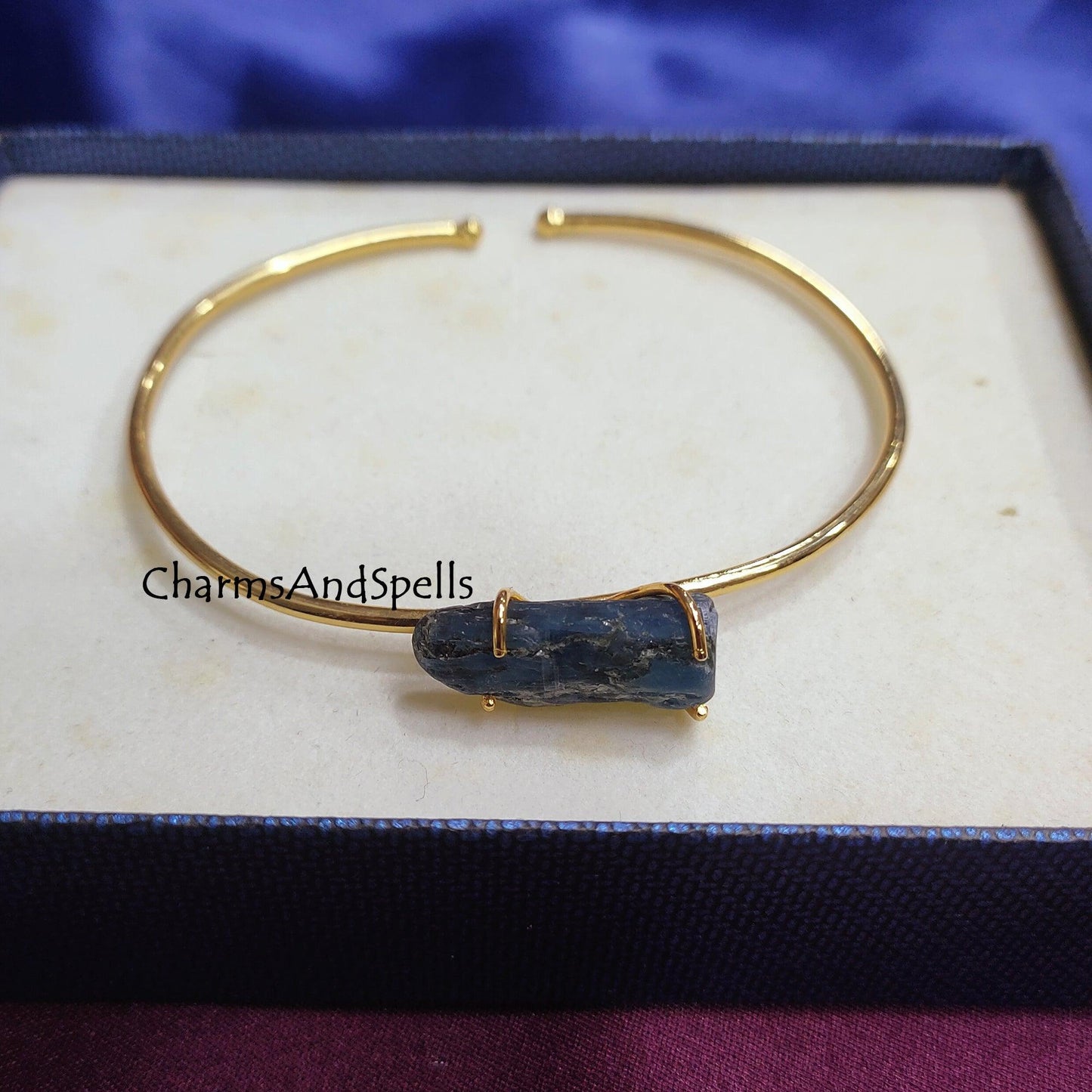 Natural Raw Kyanite Bangle, Gold Plated Bangle, Rough Kyanite Gemstone Jewelry, Cuff Bracelet, Throat Chakra Bangle, Kyanite Cuff Bangle - Charms And Spells