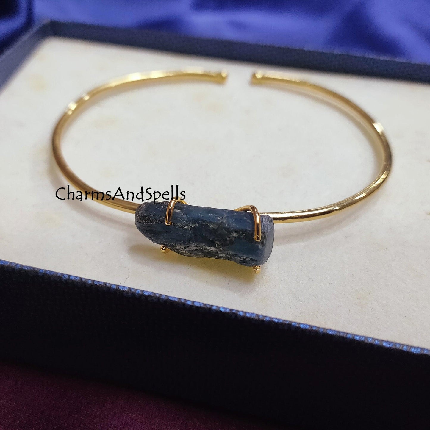 Natural Raw Kyanite Bangle, Gold Plated Bangle, Rough Kyanite Gemstone Jewelry, Cuff Bracelet, Throat Chakra Bangle, Kyanite Cuff Bangle - Charms And Spells