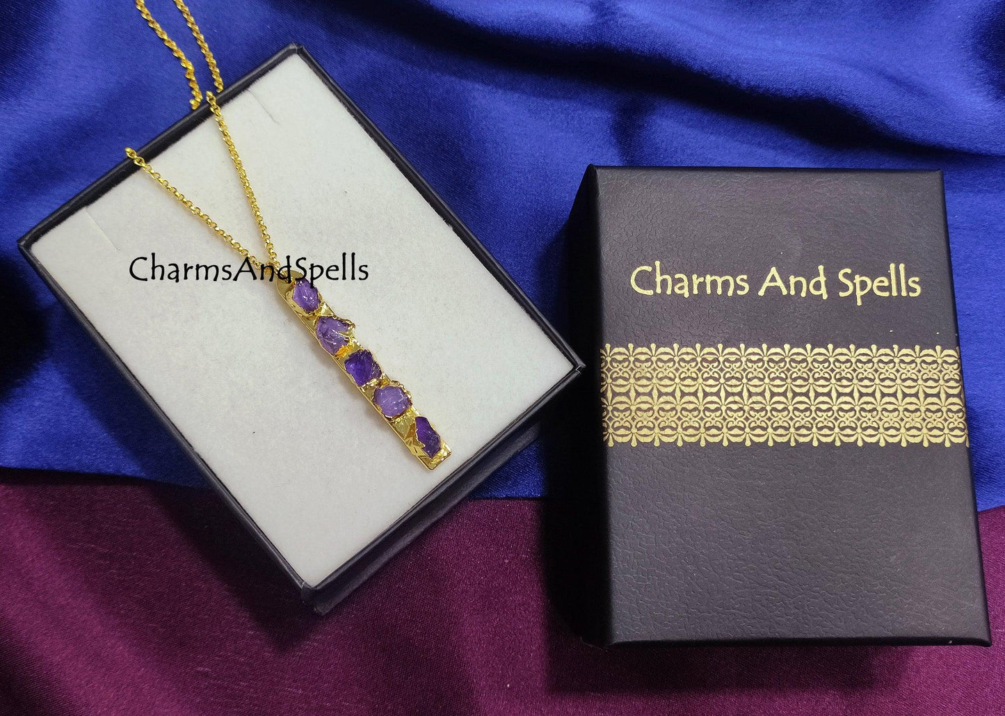 Natural Bar Amethyst Bar Necklace, Raw Crystal Necklace, Birthstone Necklace, Boho Hippie Jewelry, Electroformed Jewelry, Gemstone Necklace - Charms And Spells