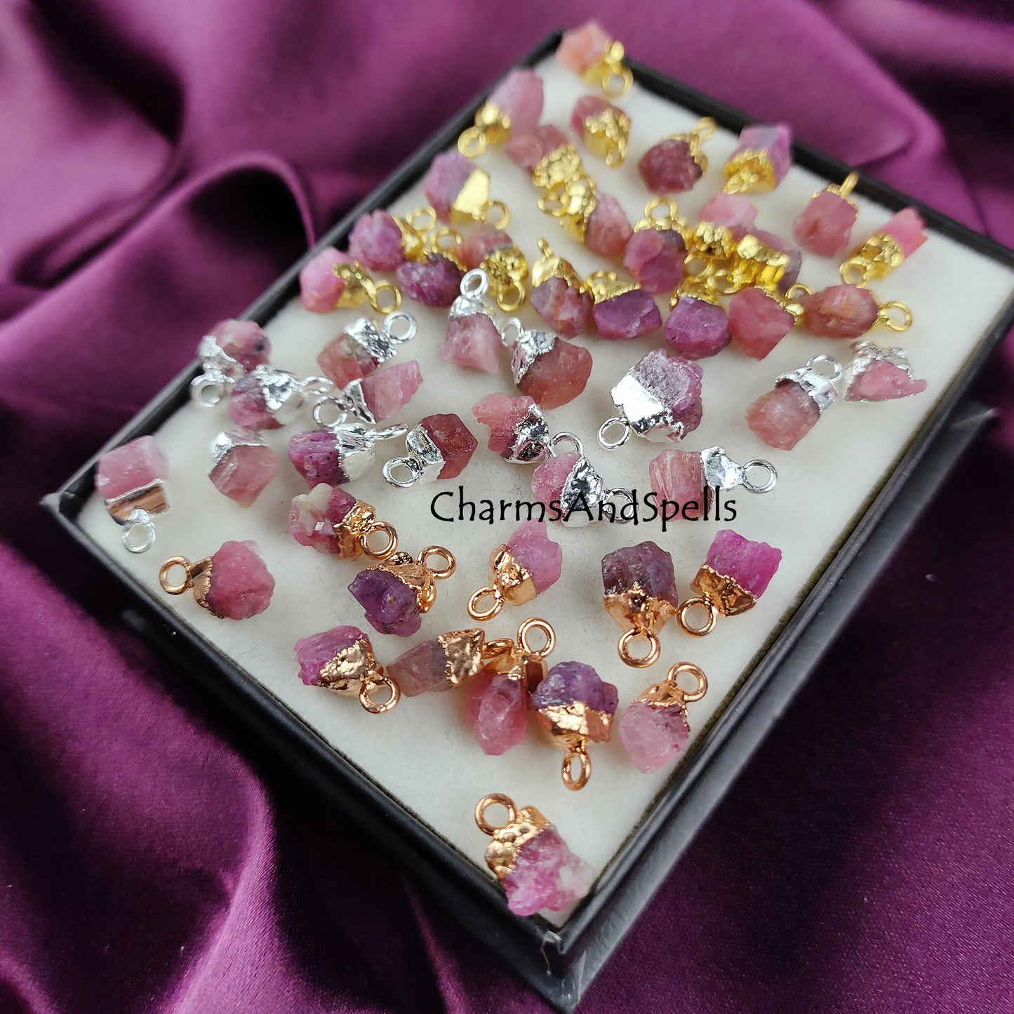 Pink Tourmaline Rough Connector Pendant, Electroplated Connector, Gemstone Charm, Single Bail Connector, Free Form Pendant, Jewelry Making
