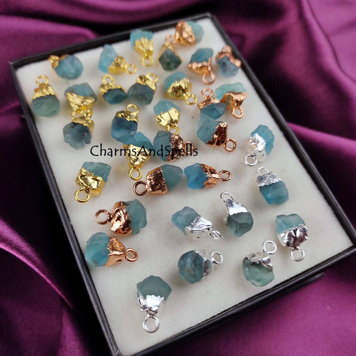 Neon Apatite Raw Connector Pendants | Rough Electroplated DIY Handmade Charms