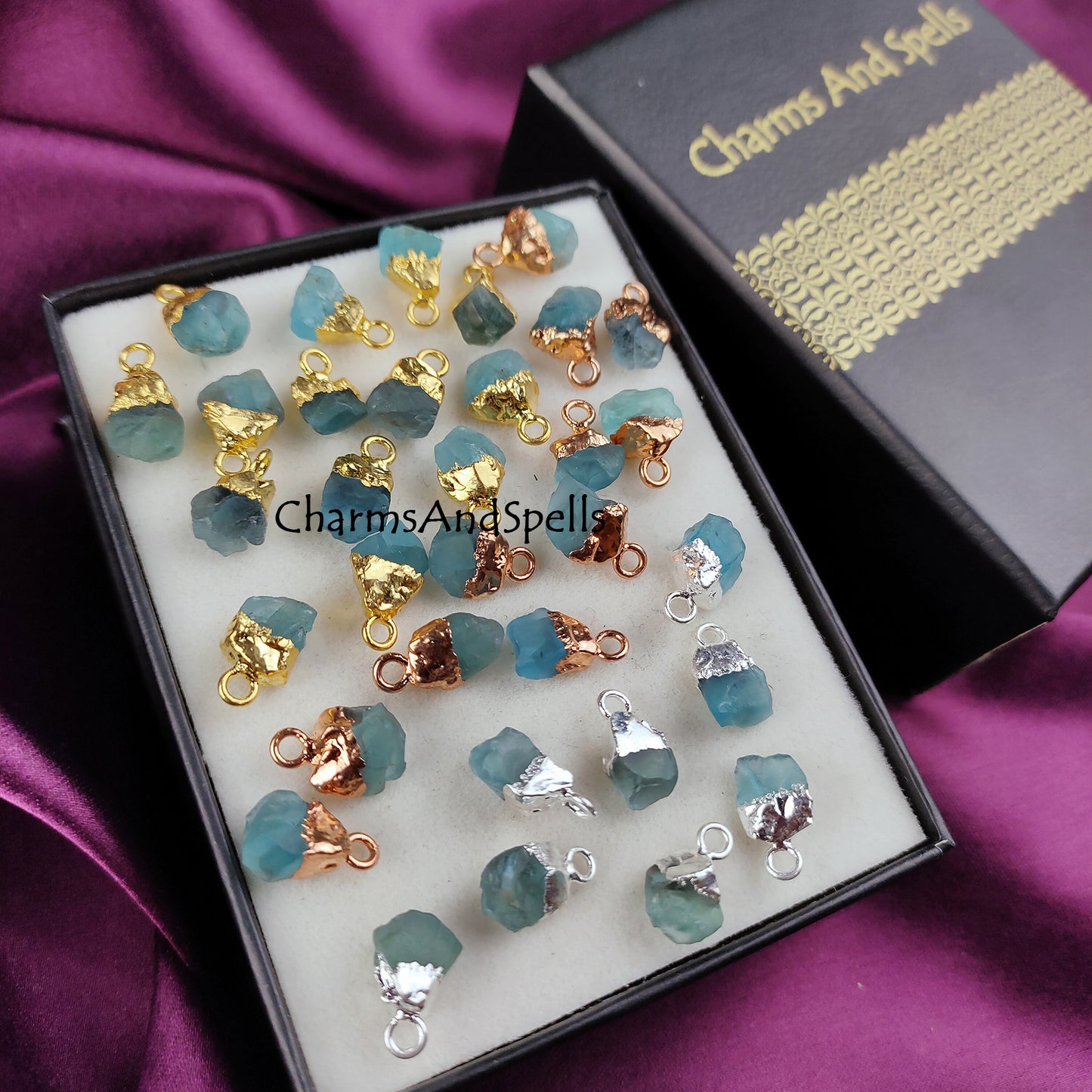 Neon Apatite Raw Connector Pendants | Rough Electroplated DIY Handmade Charms