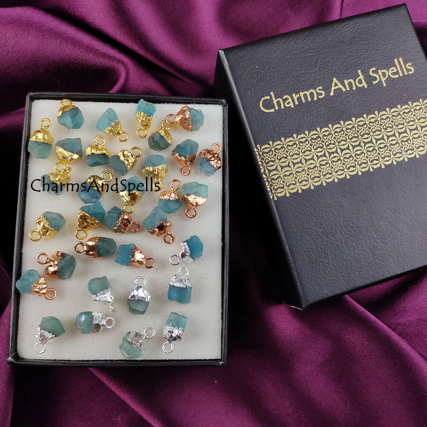 Neon Apatite Raw Connector Pendants | Rough Electroplated DIY Handmade Charms