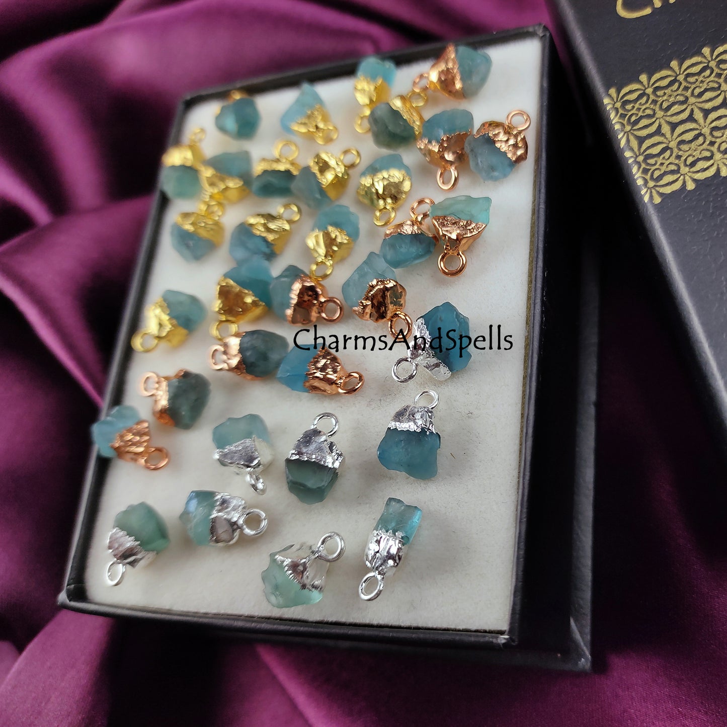 Neon Apatite Raw Connector Pendants | Rough Electroplated DIY Handmade Charms