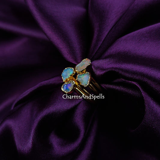 Tiny Raw Ethiopian Opal Ring | Raw Crystal Electroplated Fire Opal