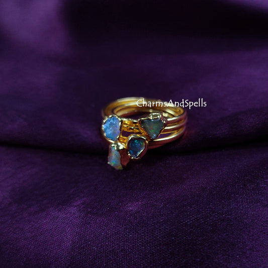 Tiny Raw Ethiopian Opal Ring | Raw Crystal Electroplated Fire Opal