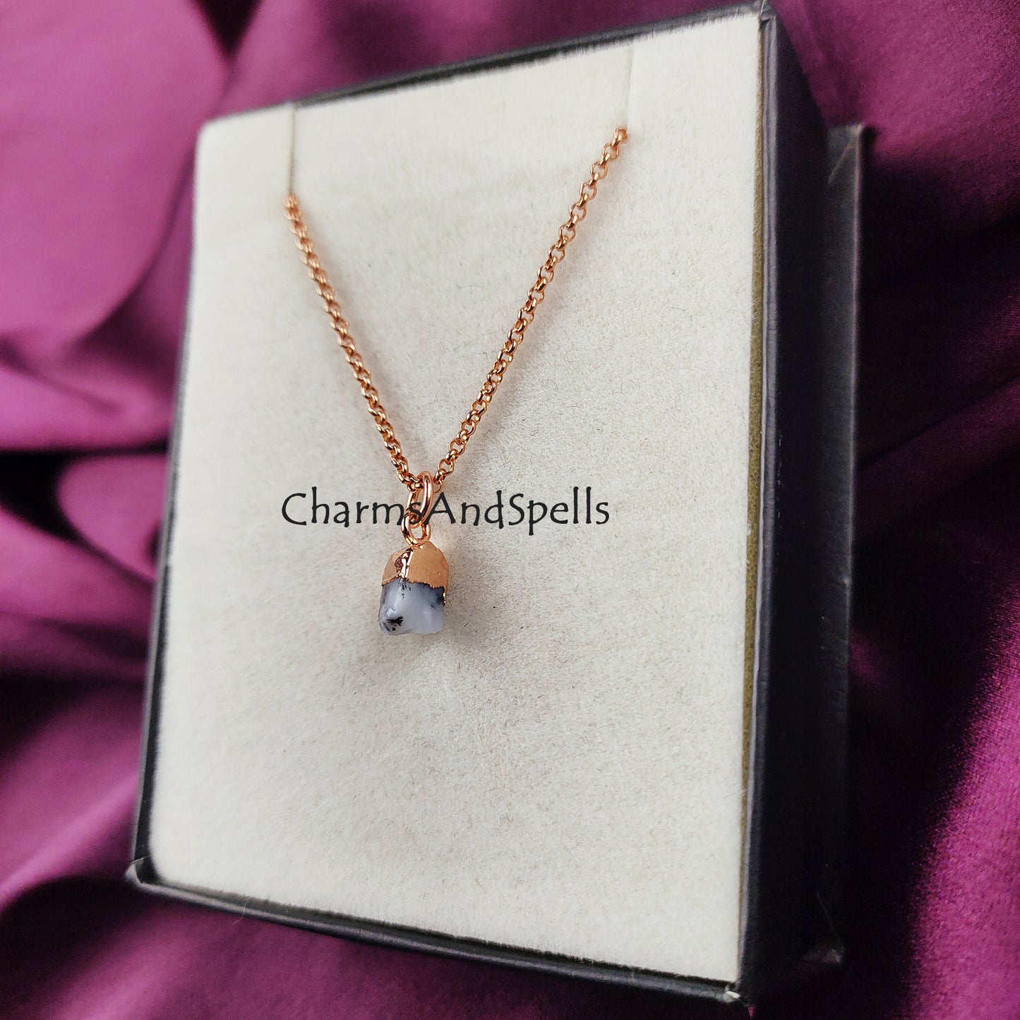 Raw Dendrite Opal Necklace | Minimalist Gemstone Pendant Rose Gold Layering Jewelry