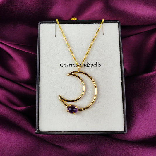Natural Amethyst Moon Necklace | Boho Handmade