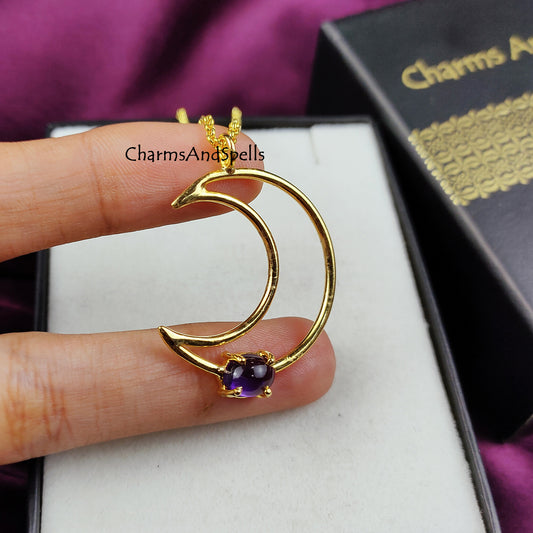 Natural Amethyst Moon Necklace | Boho Handmade