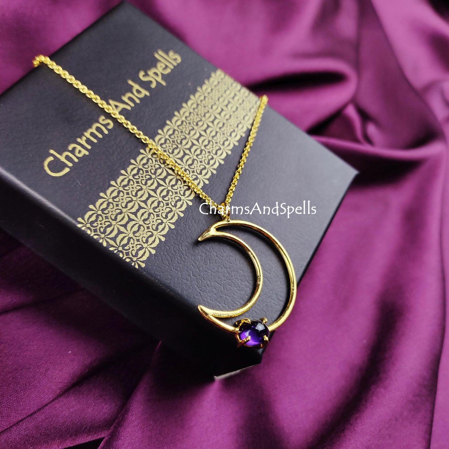 Natural Amethyst Moon Necklace | Boho Handmade