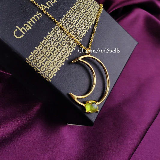 Natural Peridot Moon Necklace | August Birthstone