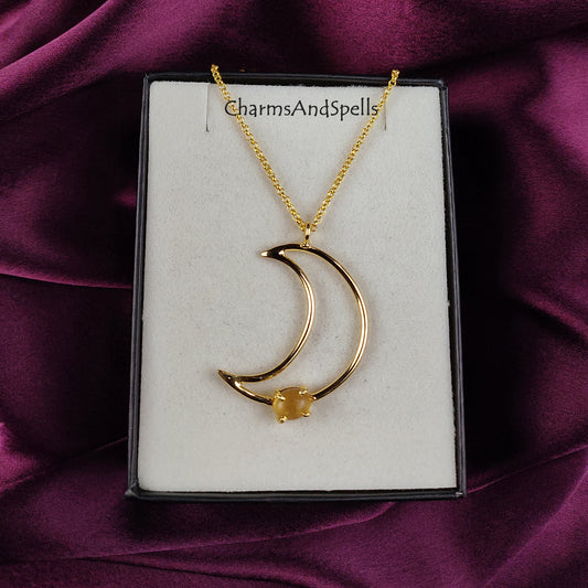 Natural Citrine Moon Necklace | Money Stone Boho November Birthstone