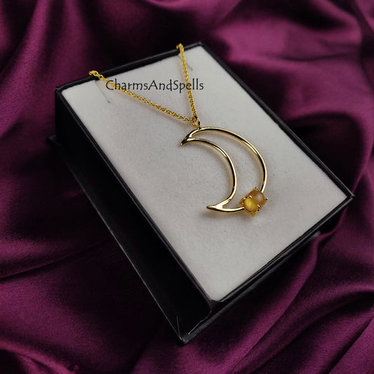 Natural Citrine Moon Necklace | Money Stone Boho November Birthstone