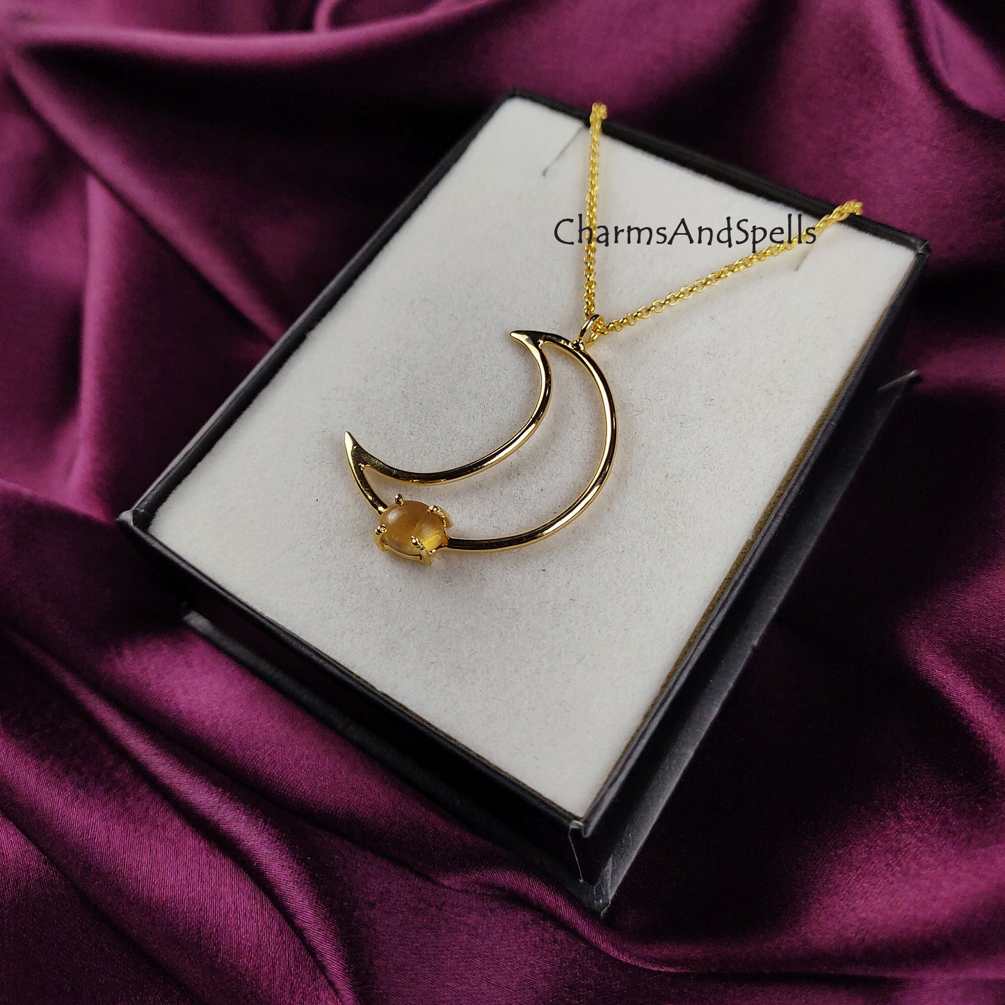 Natural Citrine Moon Necklace | Money Stone Boho November Birthstone