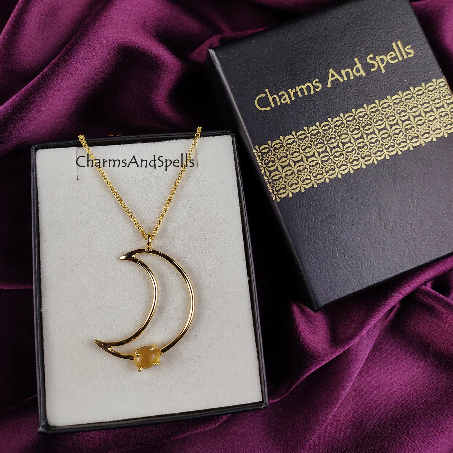 Natural Citrine Moon Necklace | Money Stone Boho November Birthstone
