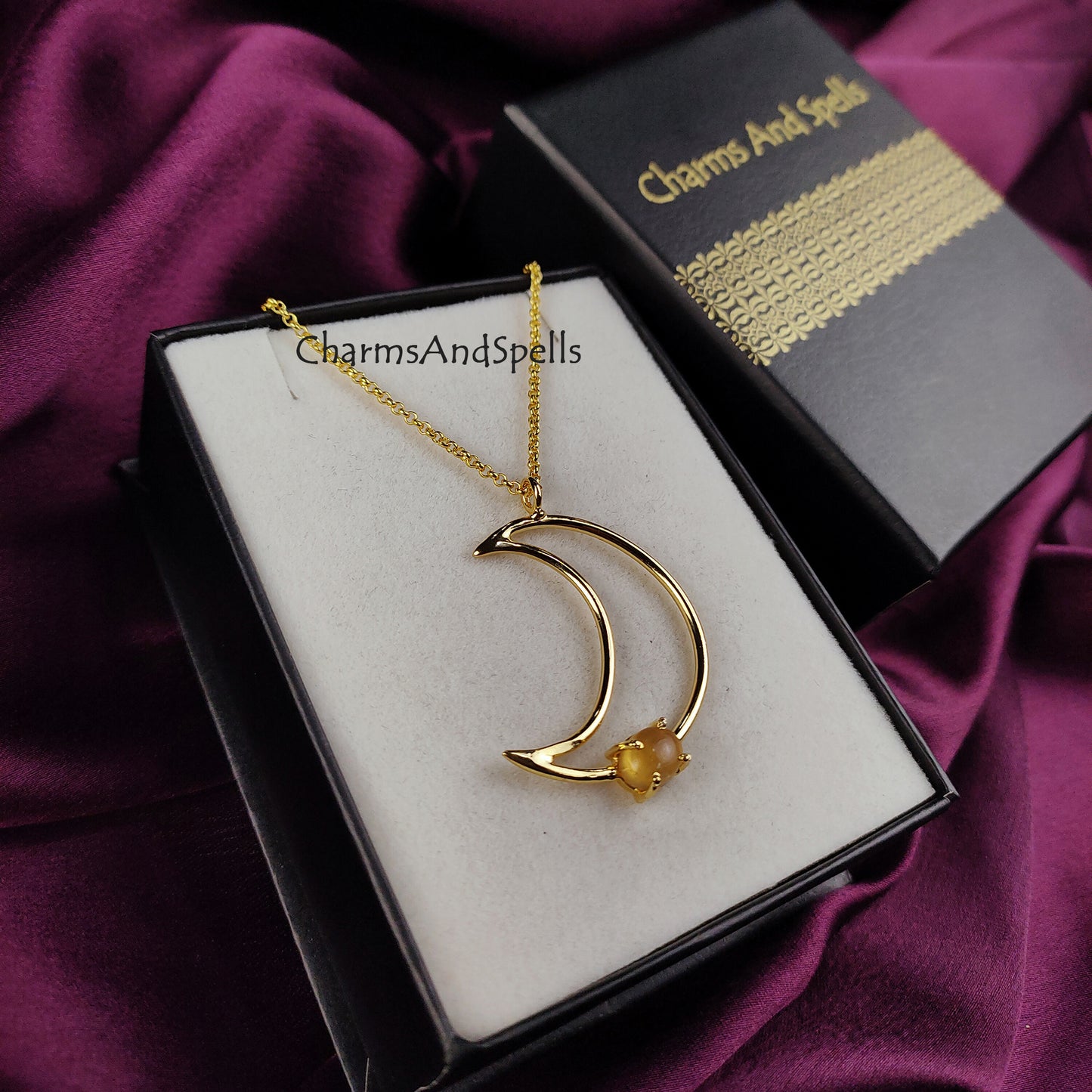 Natural Citrine Moon Necklace | Money Stone Boho November Birthstone