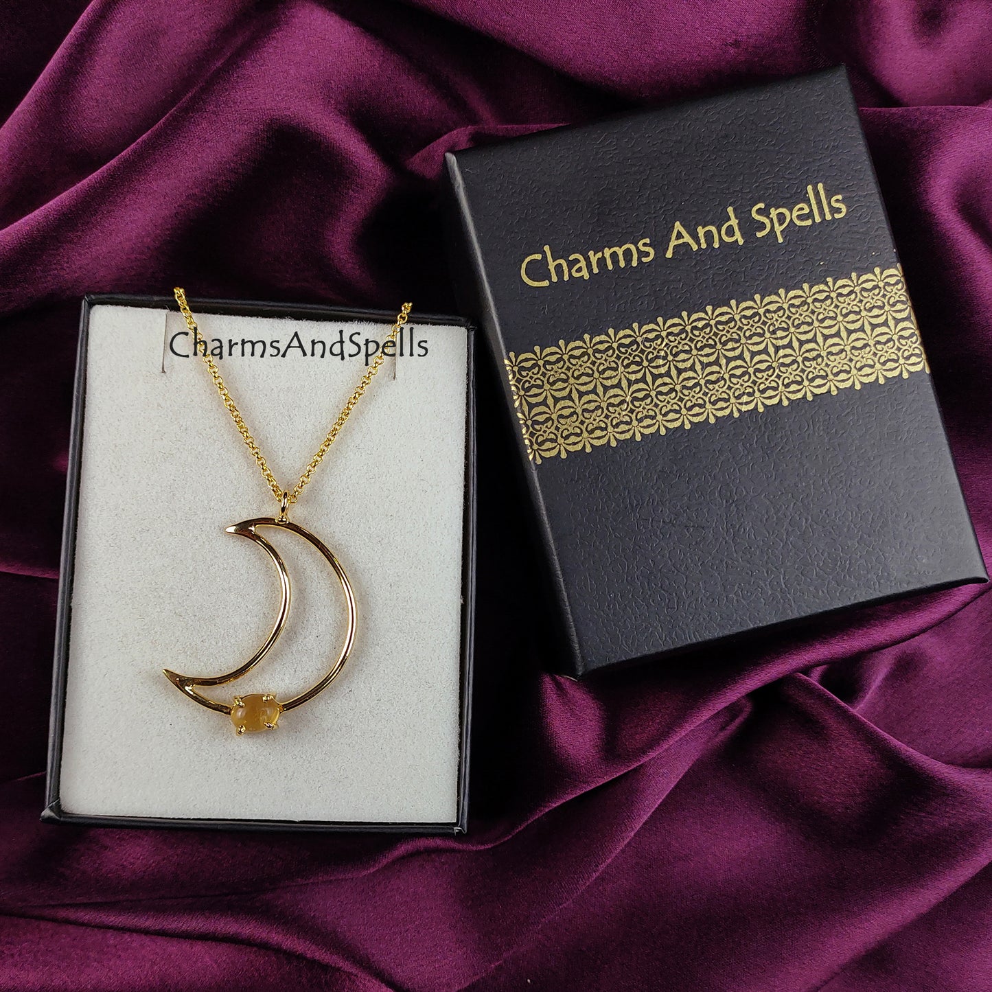 Natural Citrine Moon Necklace | Money Stone Boho November Birthstone