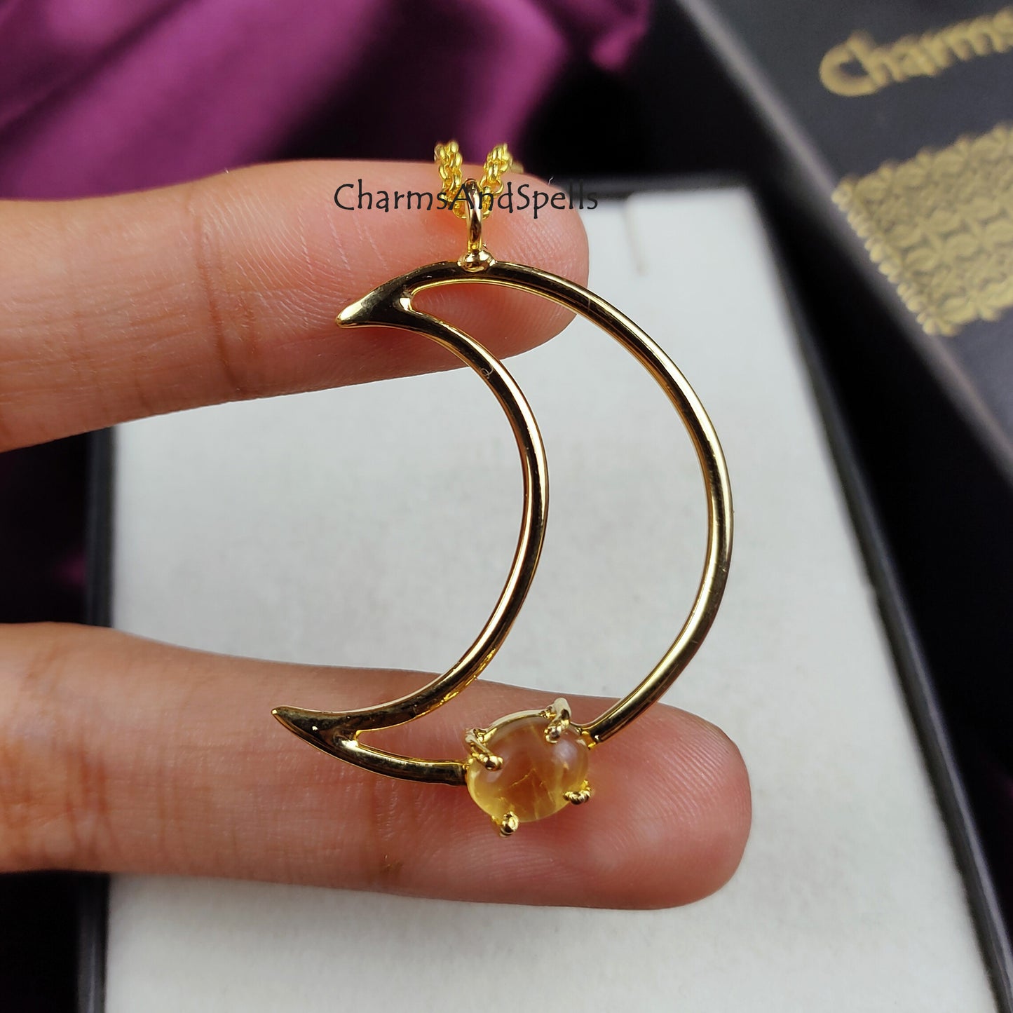 Natural Citrine Moon Necklace | Money Stone Boho November Birthstone