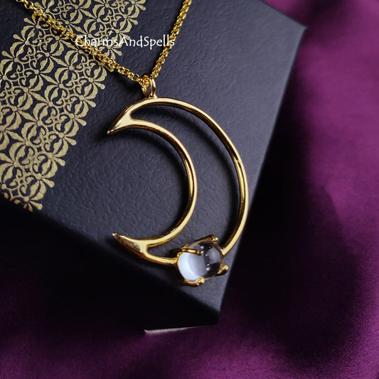Clear Quartz Necklace | Crescent Moon Healing April Birthstone