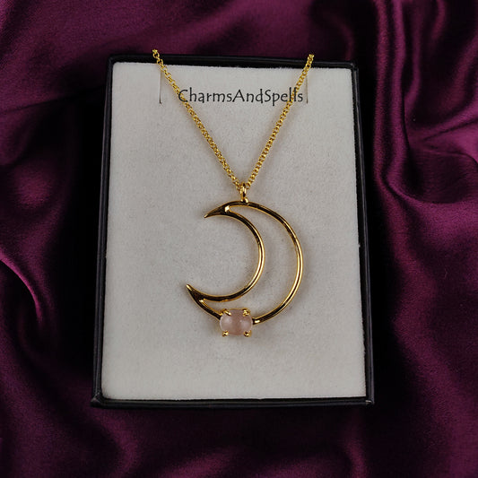 Genuine Rose Quartz Necklace | Crescent Moon Positive Energy