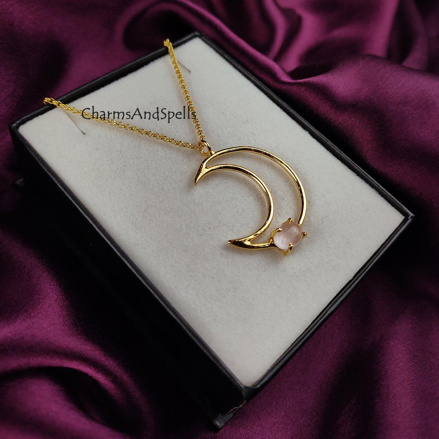 Genuine Rose Quartz Necklace | Crescent Moon Positive Energy