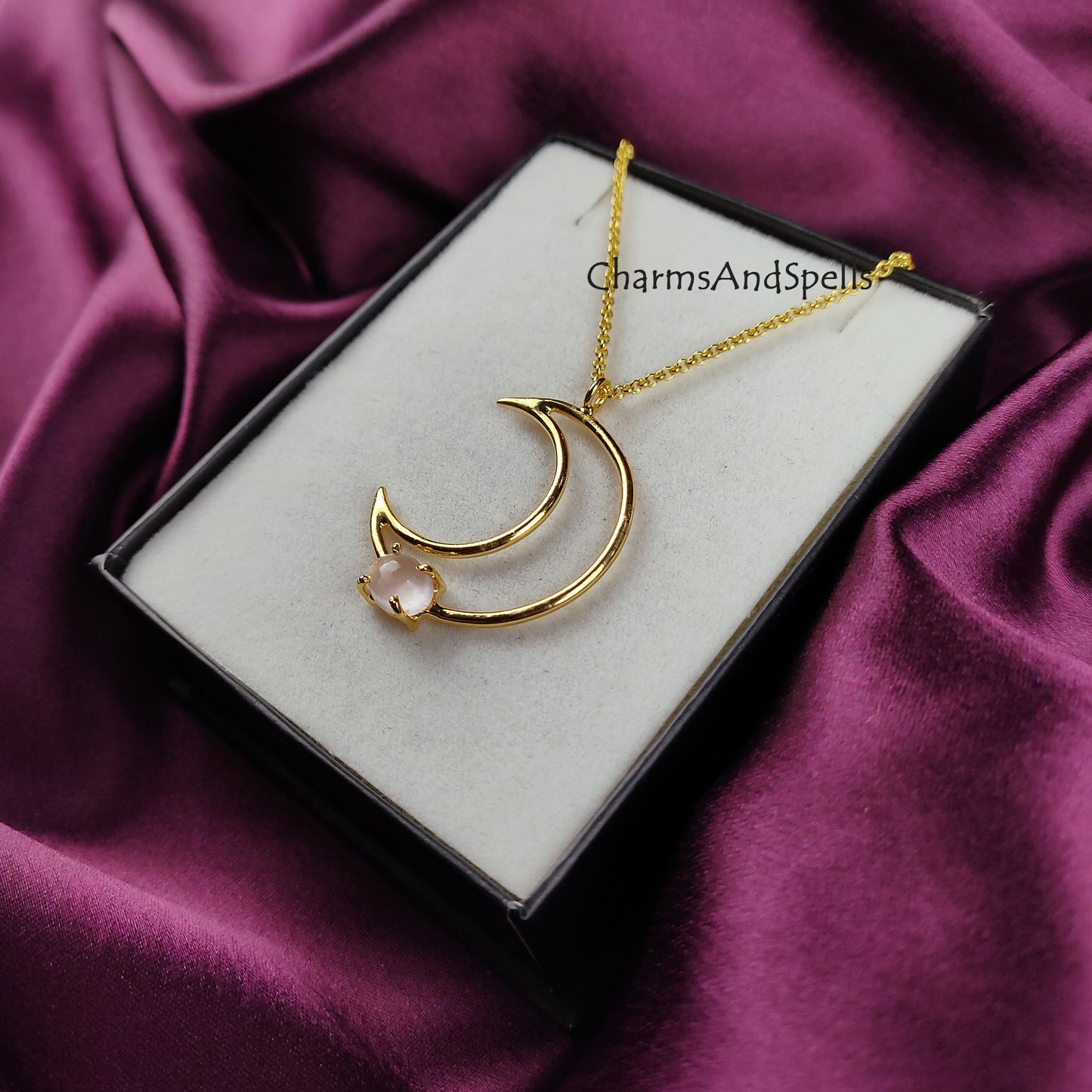 Genuine Rose Quartz Necklace | Crescent Moon Positive Energy