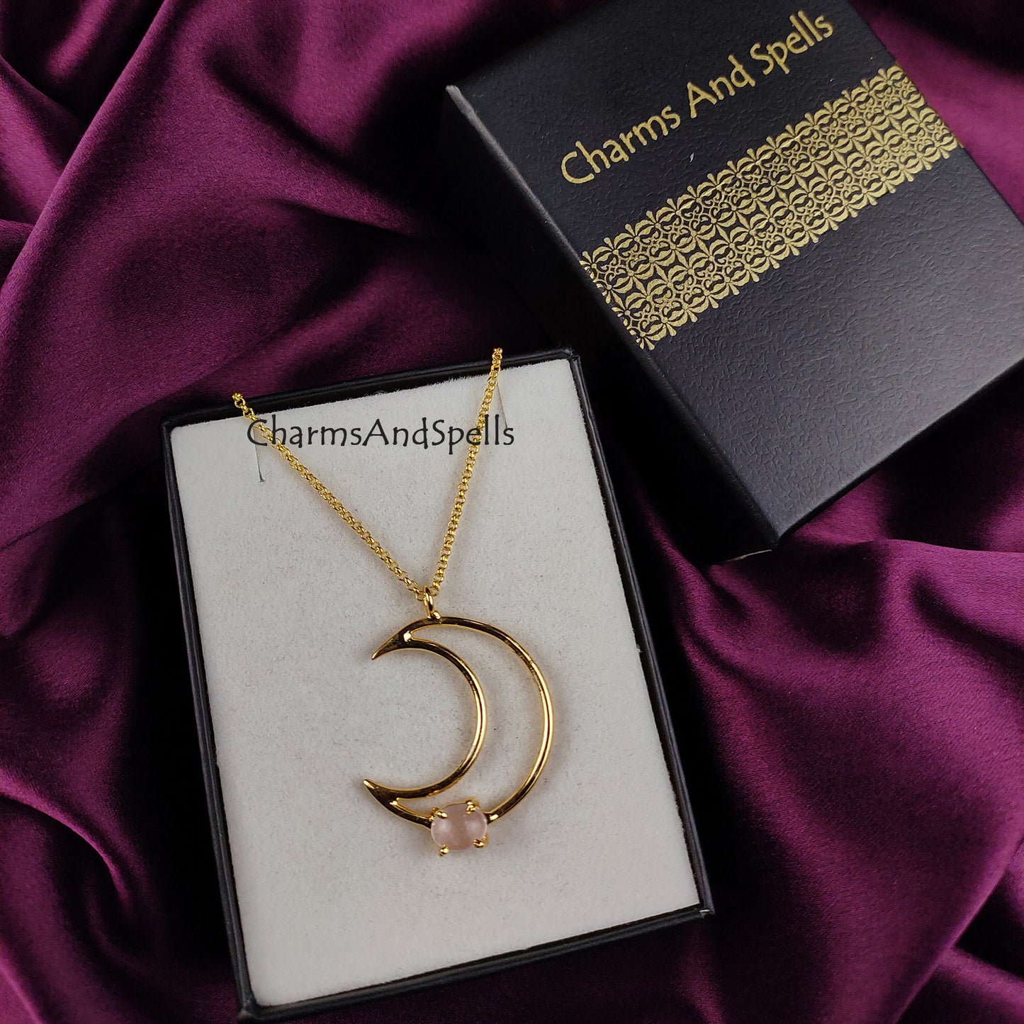 Genuine Rose Quartz Necklace | Crescent Moon Positive Energy
