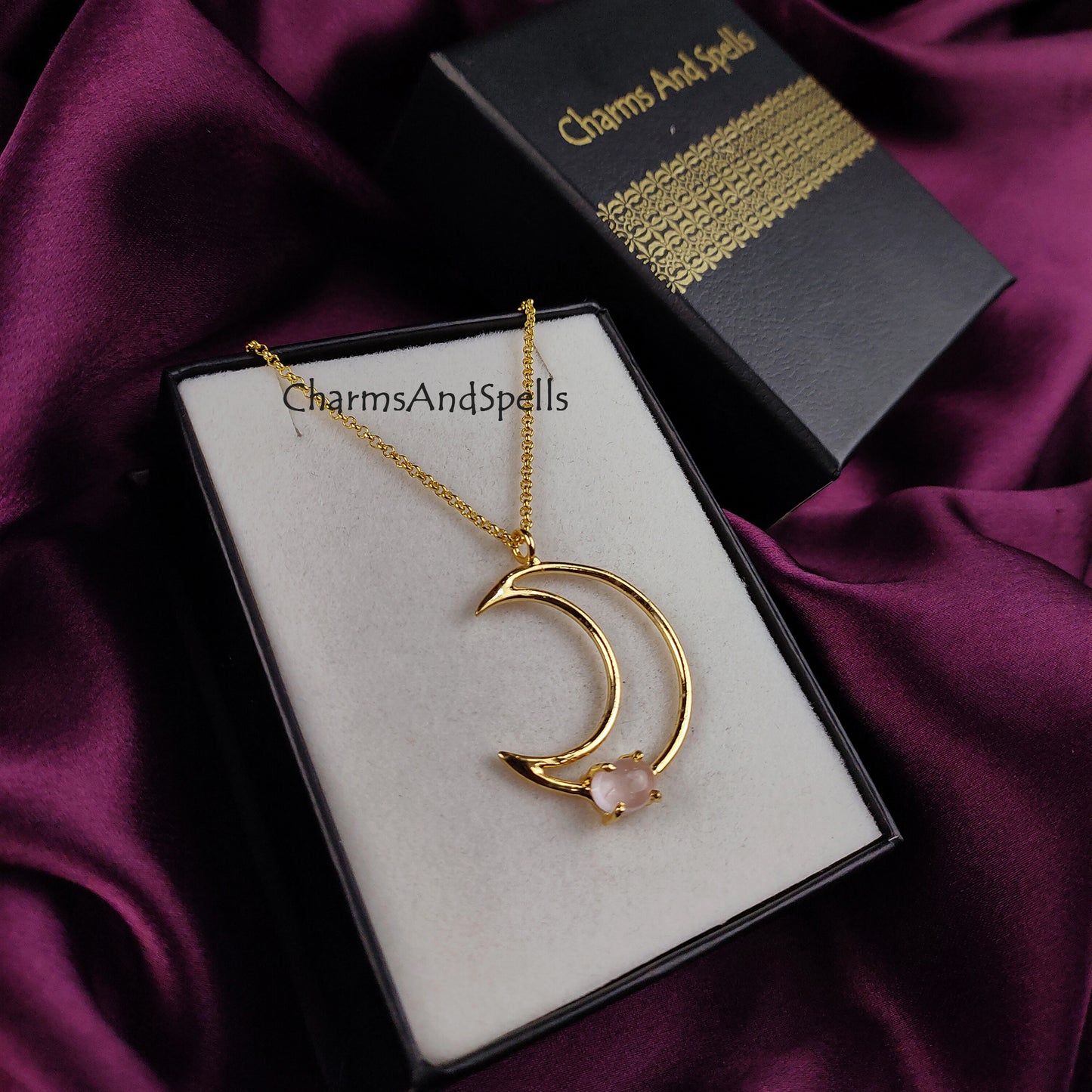 Genuine Rose Quartz Necklace | Crescent Moon Positive Energy