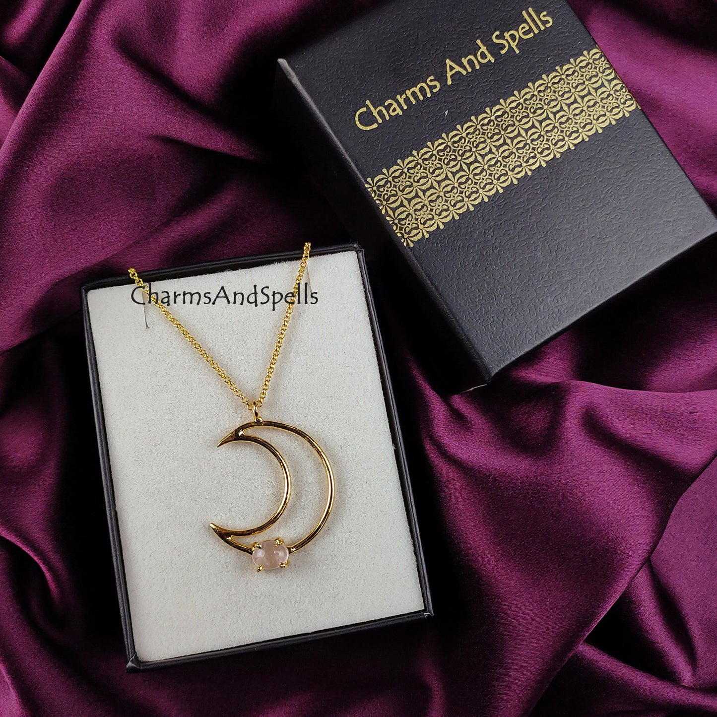 Genuine Rose Quartz Necklace | Crescent Moon Positive Energy
