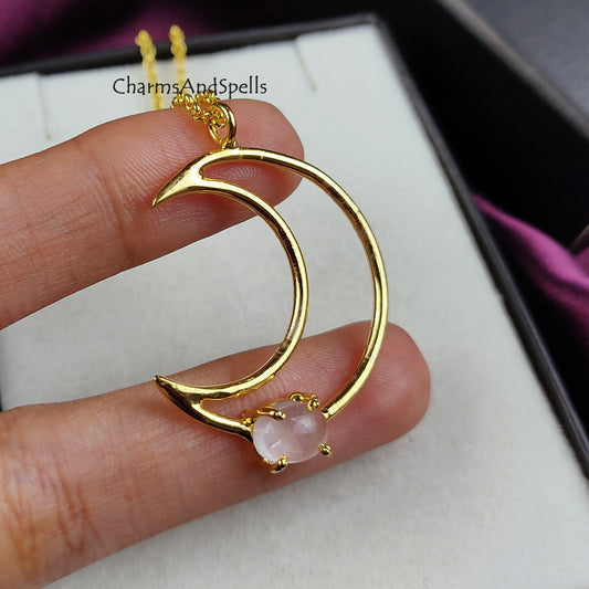 Genuine Rose Quartz Necklace | Crescent Moon Positive Energy