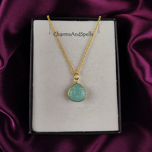 Aqua Chalcedony Necklace | Flower Carving Boho Gold Plated