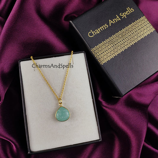 Aqua Chalcedony Necklace | Flower Carving Boho Gold Plated