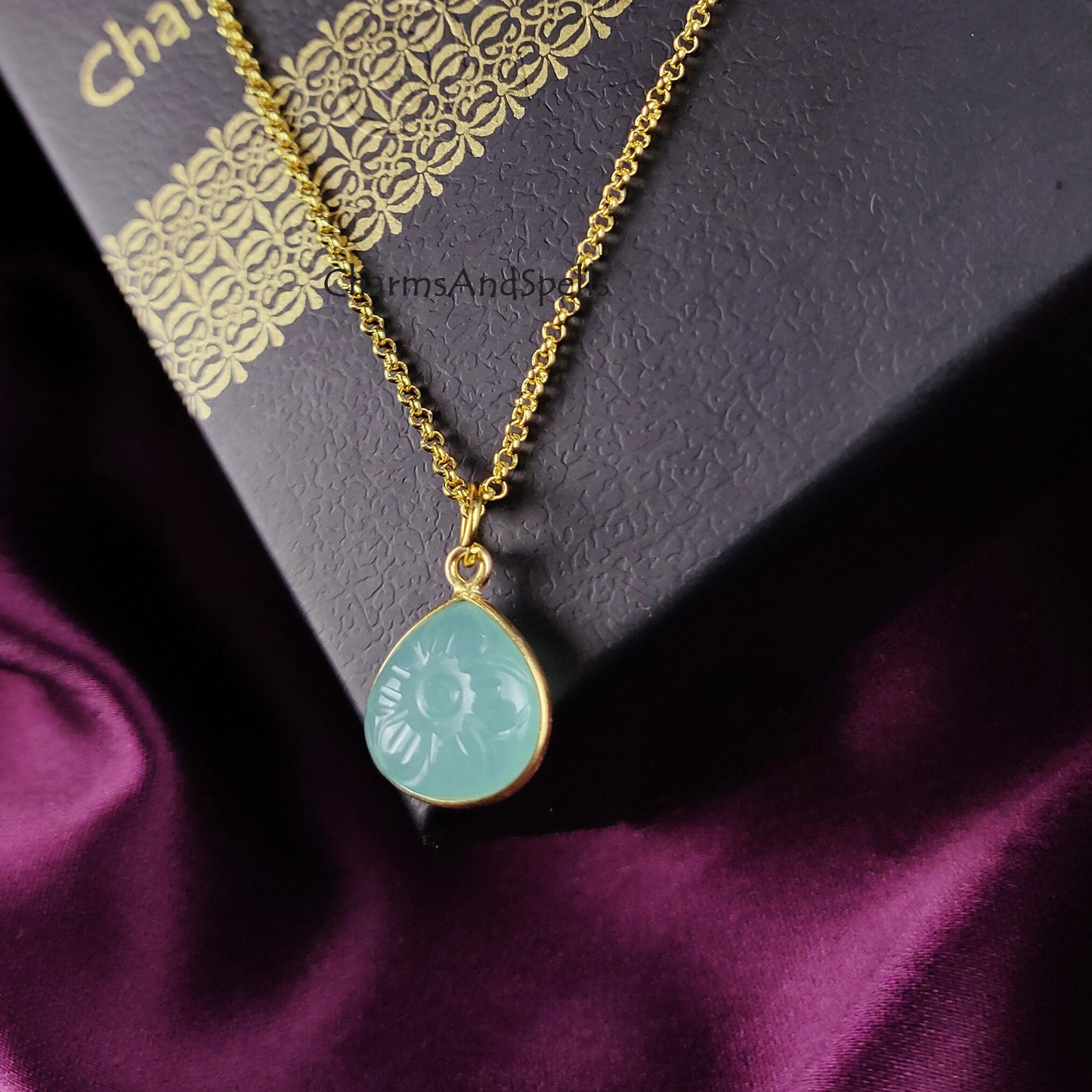 Aqua Chalcedony Necklace | Flower Carving Boho Gold Plated