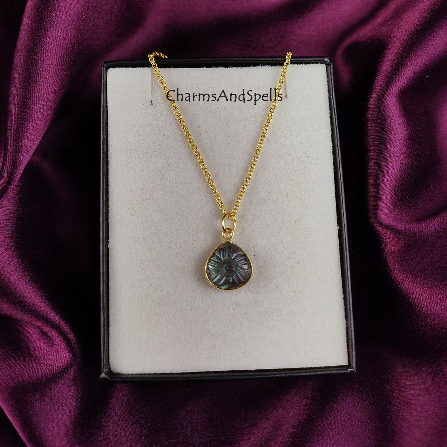 Natural Labradorite Necklace | Flower Carving Boho Handmade