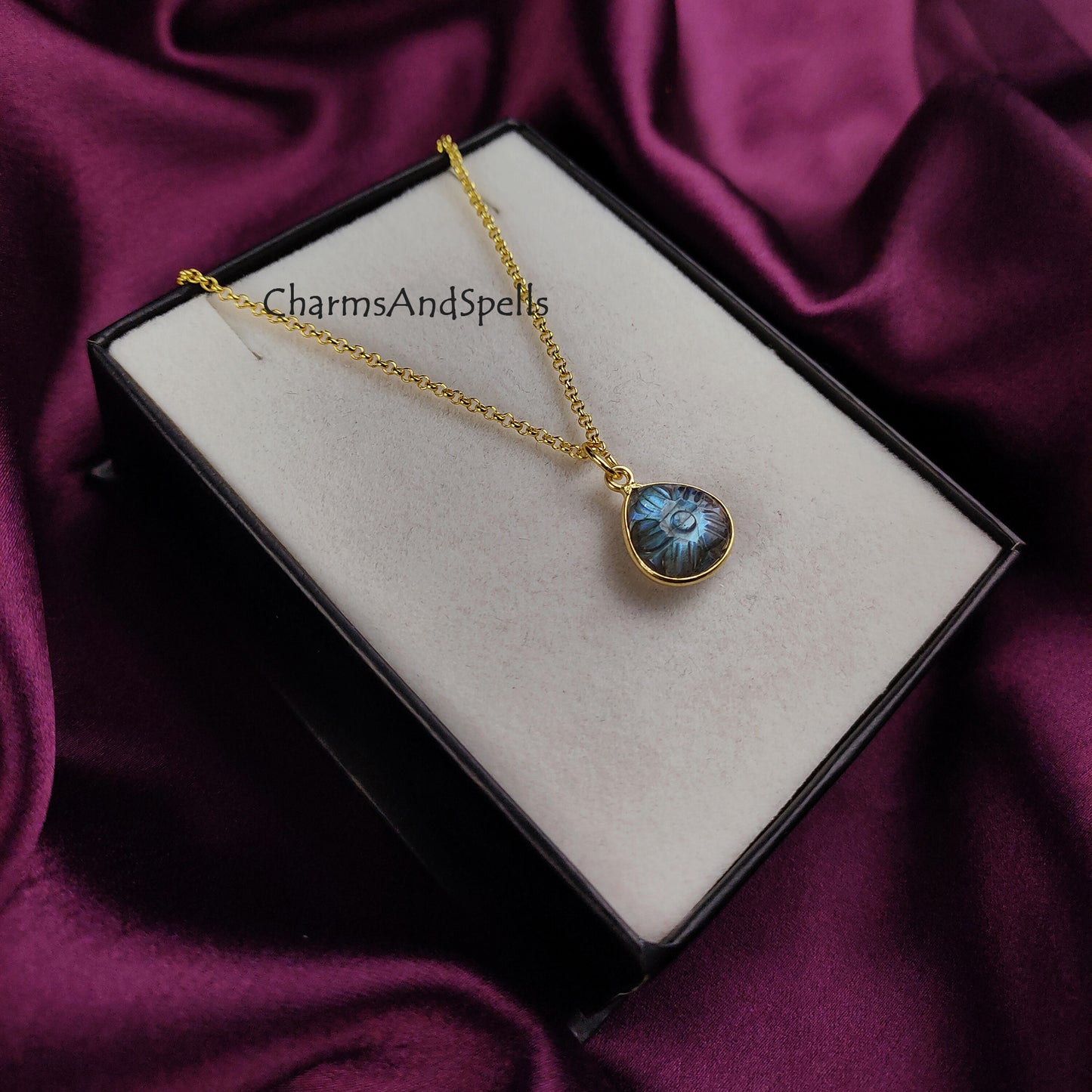 Natural Labradorite Necklace | Flower Carving Boho Handmade