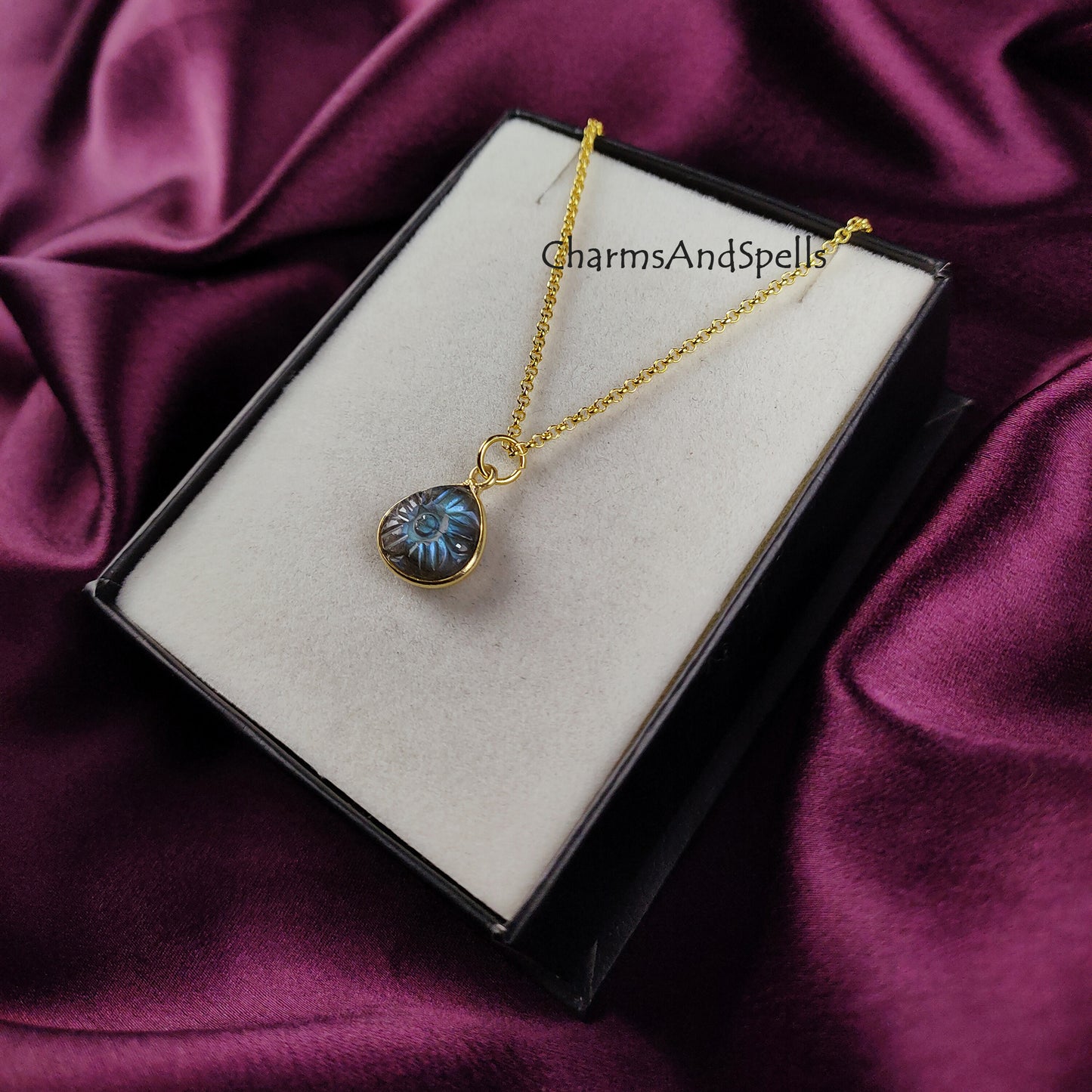 Natural Labradorite Necklace | Flower Carving Boho Handmade
