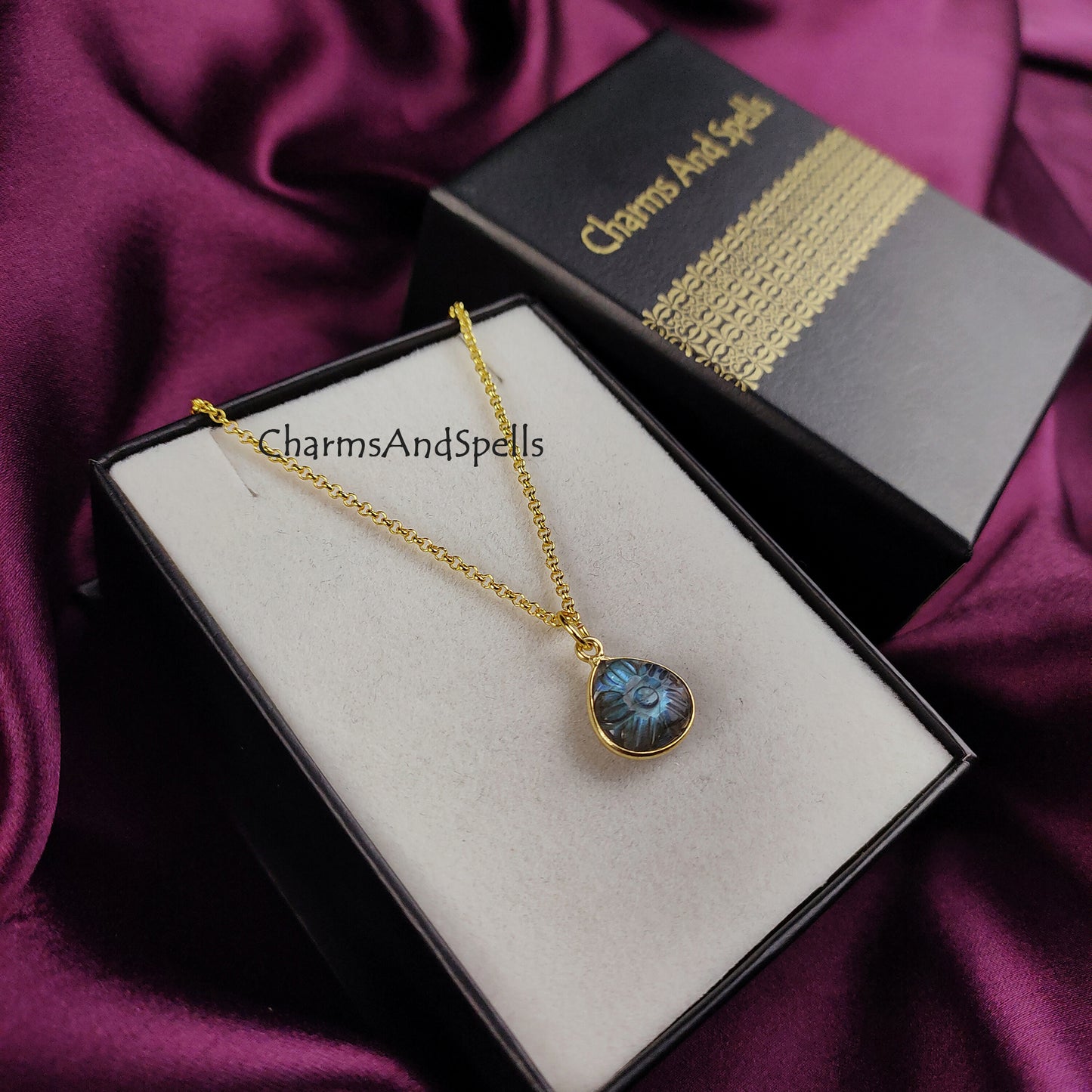 Natural Labradorite Necklace | Flower Carving Boho Handmade