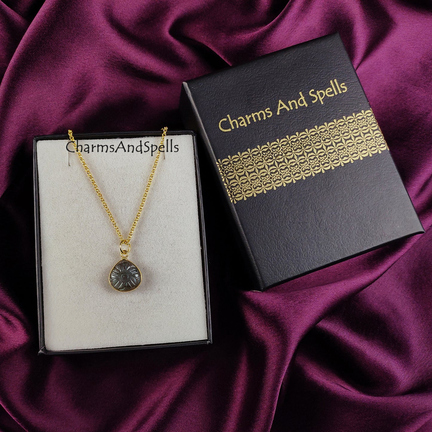 Natural Labradorite Necklace | Flower Carving Boho Handmade