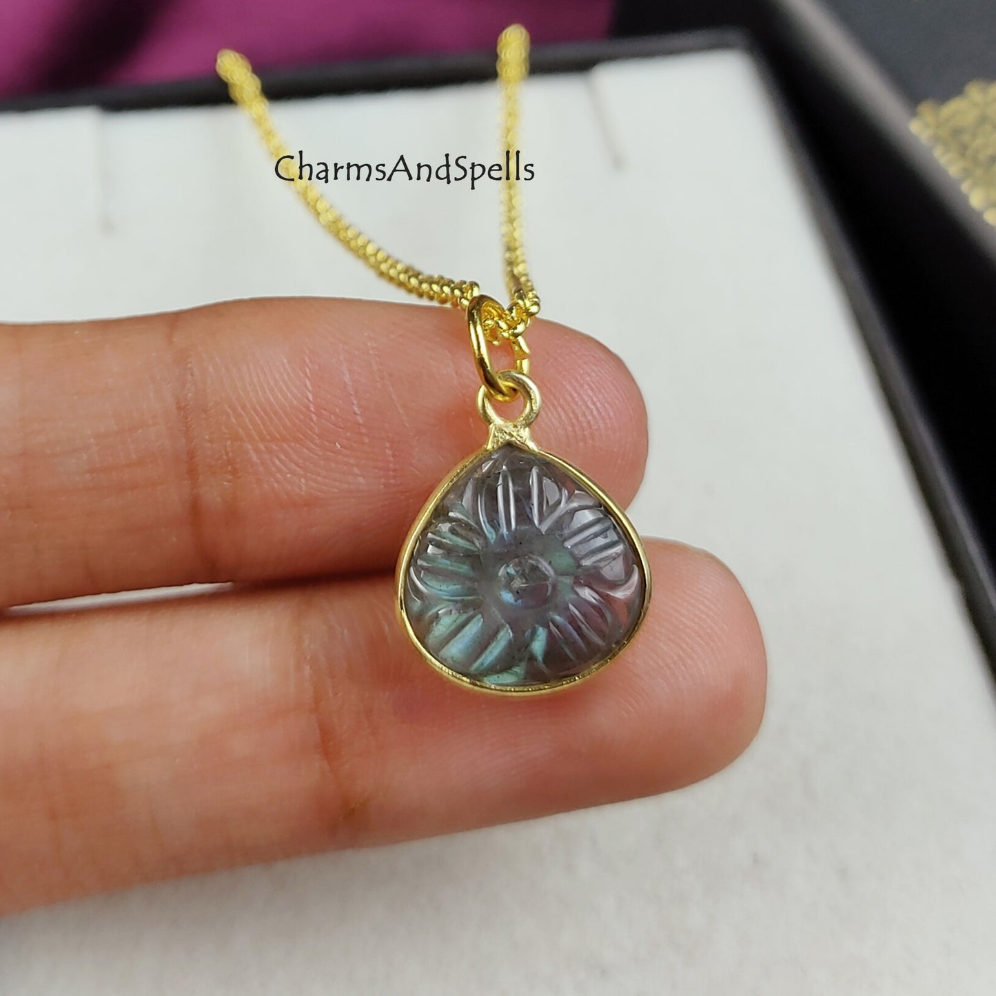 Natural Labradorite Necklace | Flower Carving Boho Handmade
