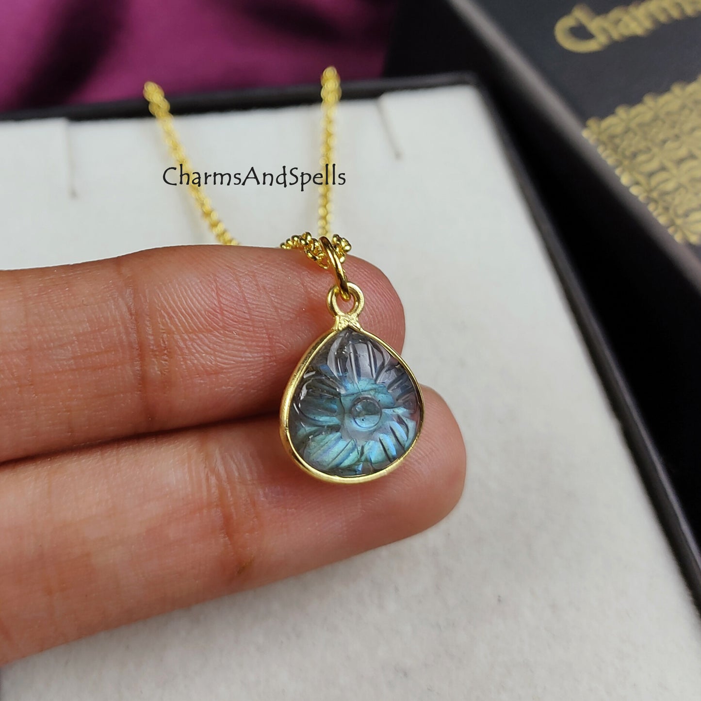 Natural Labradorite Necklace | Flower Carving Boho Handmade