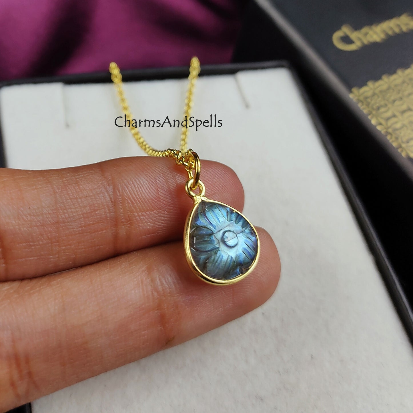 Natural Labradorite Necklace | Flower Carving Boho Handmade