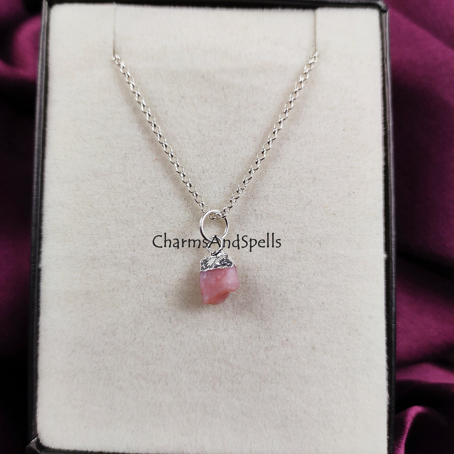 Raw Pink Opal Necklace | Natural Gemstone Pendant Silver Plated Boho Layering Jewelry