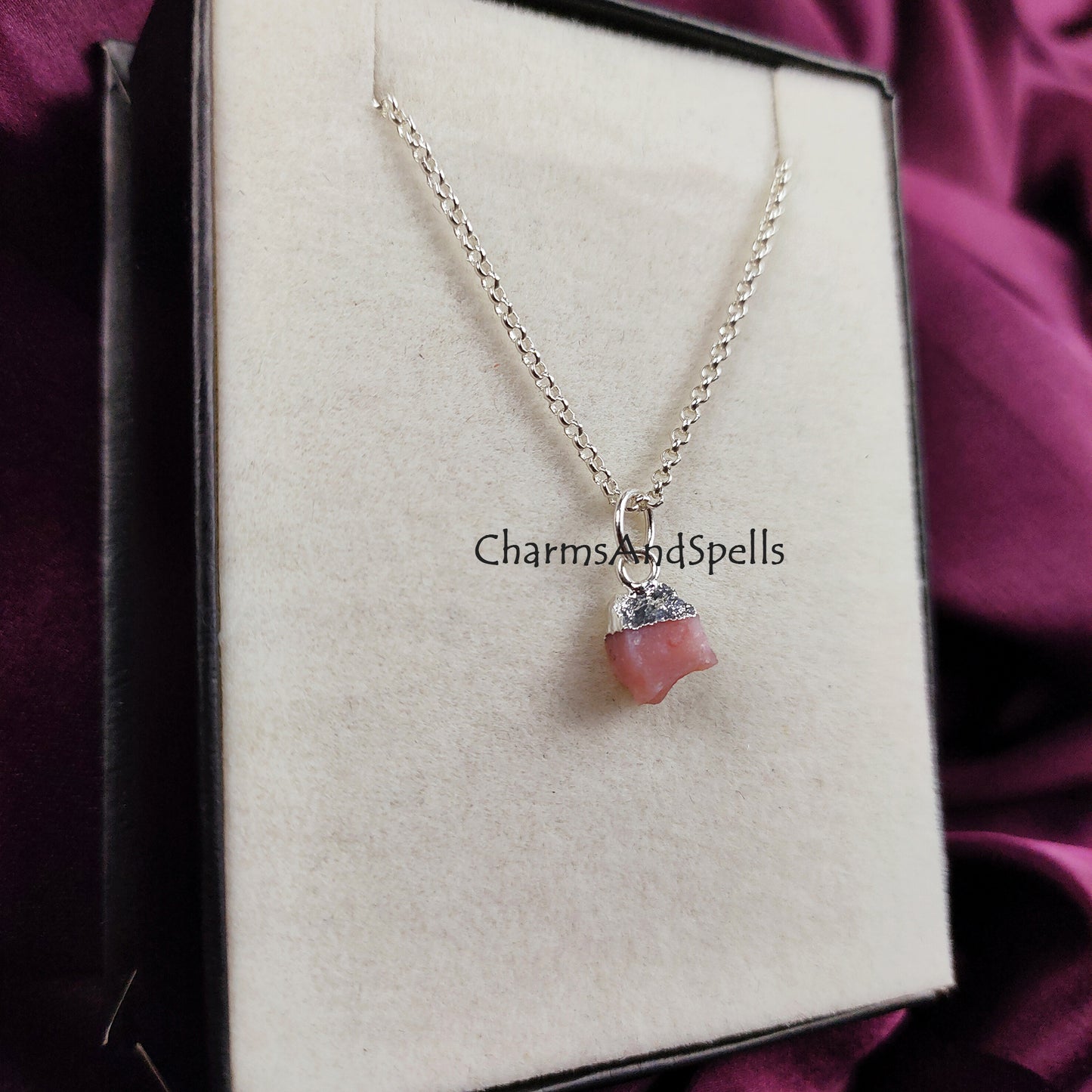 Raw Pink Opal Necklace | Natural Gemstone Pendant Silver Plated Boho Layering Jewelry