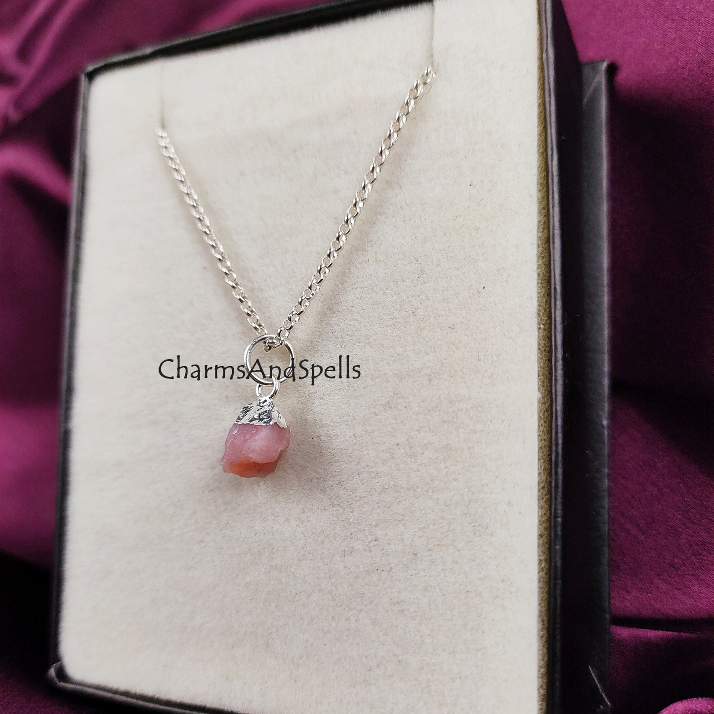 Raw Pink Opal Necklace | Natural Gemstone Pendant Silver Plated Boho Layering Jewelry