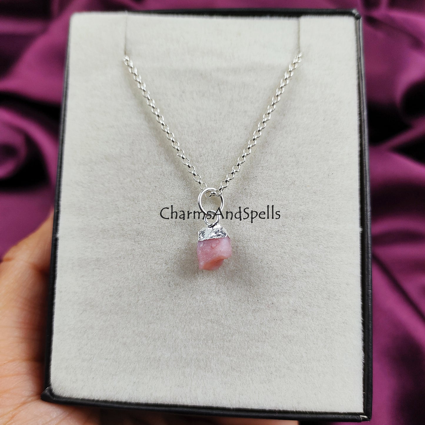 Raw Pink Opal Necklace | Natural Gemstone Pendant Silver Plated Boho Layering Jewelry